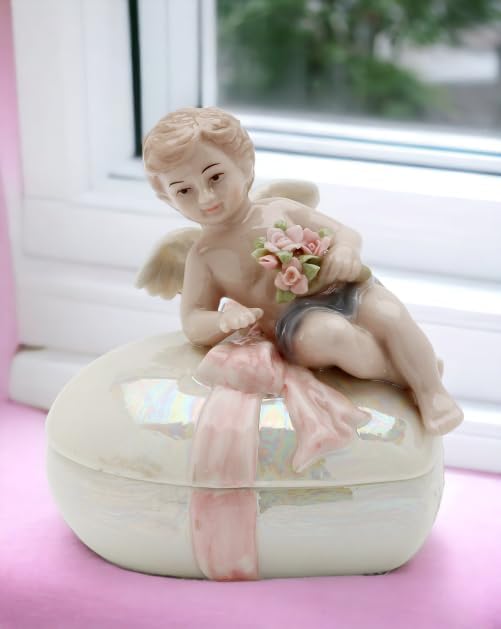Cosmos Gifts Fine Porcelain Cherub Angel Heart Trinket Keepsake Box 4" H