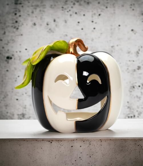 Cosmos Gifts Fine Ceramic White and Black Pumpkin Shaped Tealight Holder 4-1/4" H