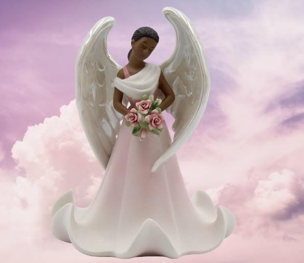 Cosmos Gifts Fine Porcelain Ethnic African American Black Angel of Rose Flowers Collectible Figurine 6-5/8" H