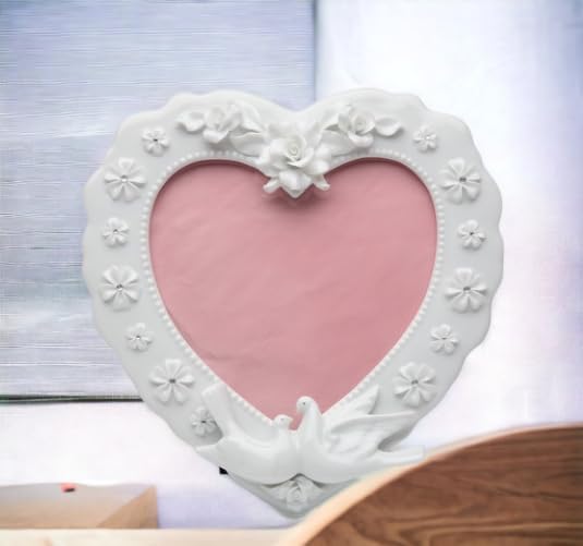 Cosmos Gifts Fine Porcelain Double Doves White Rose Flowers Heart Shape Frame 8" x 7-1/2"
