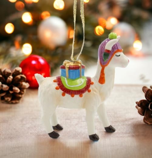 Cosmos Gifts Fine Ceramic Christmas Llama with Presents Ornament 4"