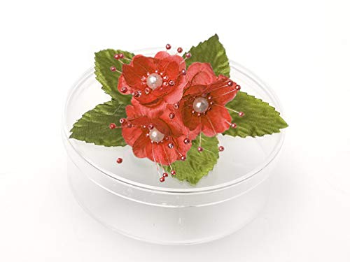 PFP Clear Round Plastic Cookie Nut Candy Box with Pearl Satin Organza Flower 4.5" L Burgundy