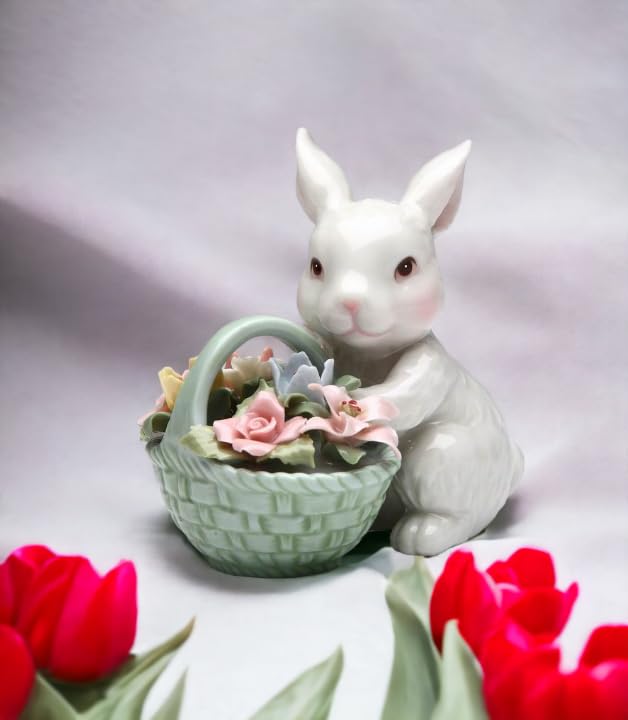 Cosmos Gifts Fine Porcelain White Bunny Rabbit with Rose Flower Basket Figurine 3-5/8" H 10592