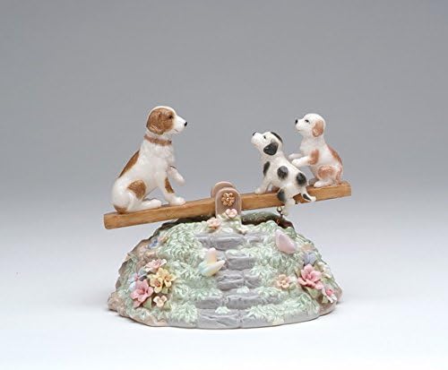 Cosmos Gifts Fine Porcelain Dog & Puppies Family Play Seesaw Music Box Figurine Plays Music Tune of Play Mates, 5 in