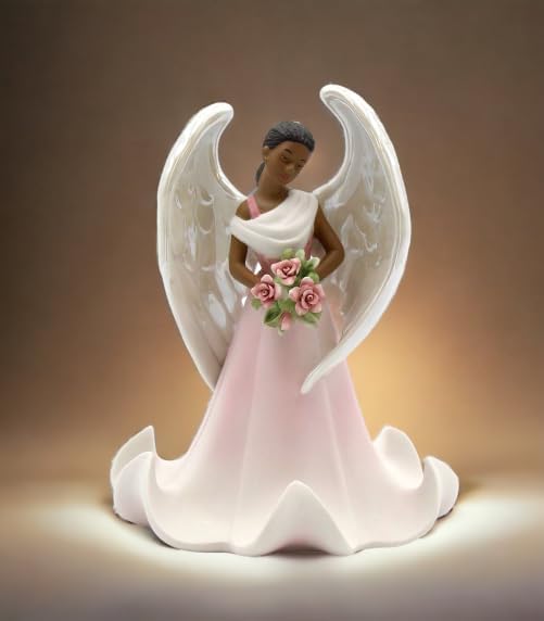 Cosmos Gifts Fine Porcelain Ethnic African American Black Angel of Rose Flowers Collectible Figurine 6-5/8" H