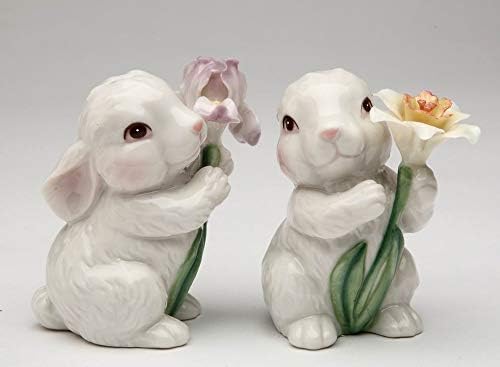 Cosmos Gifts Fine Porcelain Spring White Bunny Rabbit Holding Iris and Daffodil Salt & Pepper Shakers Set 3-1/8" H