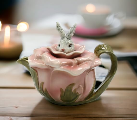 Cosmos Gifts Fine Porcelain Victorian Rose Bunny Rabbit Teapot 6-7/8" L