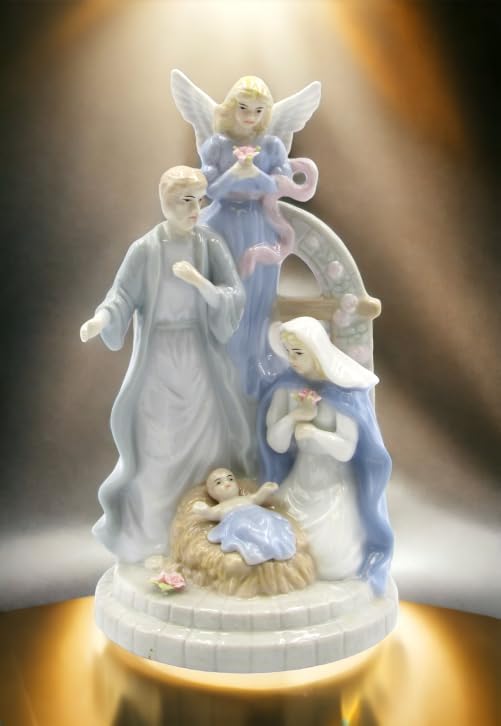 Cosmos Gifts Fine Porcelain Inspirational Angel with Nativity Holy Family Figurine Music Box 7-1/2" H