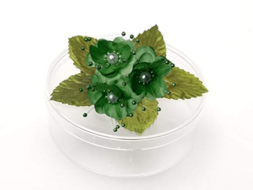 PFP Clear Round Plastic Cookie Nut Candy Box with Pearl Satin Organza Flower 4.5 In Hunter Green