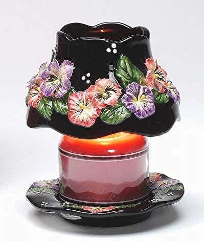 Cosmos Gifts Fine Ceramic Hand Painted Black Pansy Flowers Small Candle Jar Shade and Plate Set 4.25" D