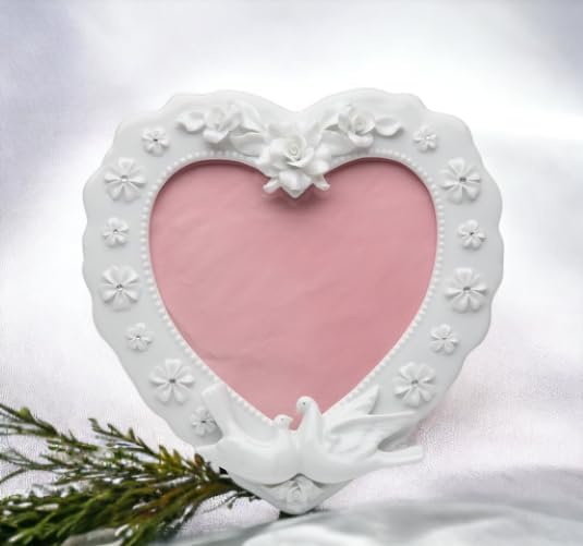 Cosmos Gifts Fine Porcelain Double Doves White Rose Flowers Heart Shape Frame 8" x 7-1/2"