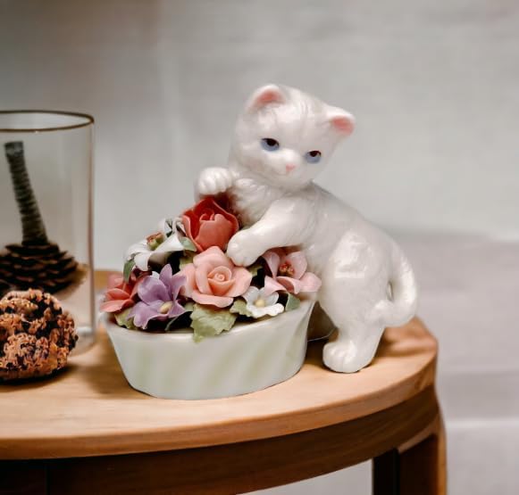 Cosmos Gifts Fine Porcelain Cat Kitten with Pink Rose Flowers Pot Mini Figurine 3" H 96475