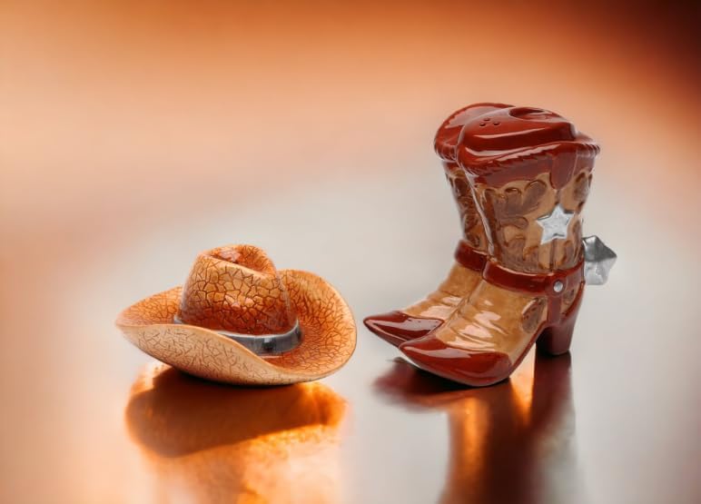 Cosmos Gifts Fine Ceramic Western Cowboy Hat & Boot with Spur Design Salt & Pepper Shakers Set 3" H