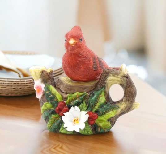 Cosmos Gifts Fine Porcelain Red Cardinal Bird with Holly Berry and White Flower Design Mini Teapot Figurine 3-1/4" L