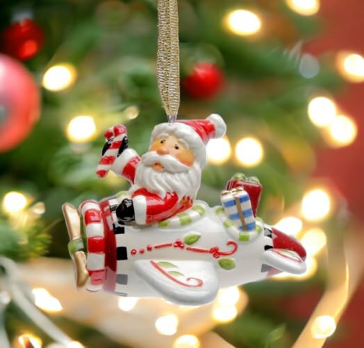 Cosmos Gifts Santa with Airplane Ceramic Ornament 2-1/4" H Red
