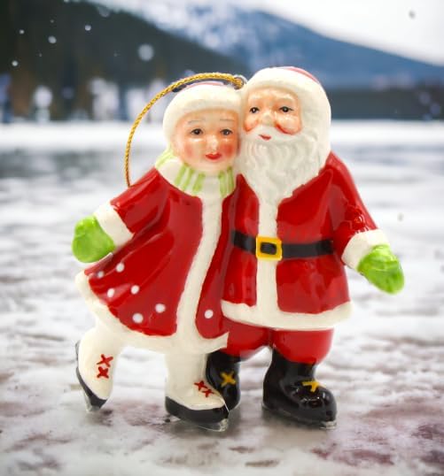 Cosmos Gifts Fine Ceramic Mr. & Mrs. Claus Ice Skating Ornament 3-5/8"