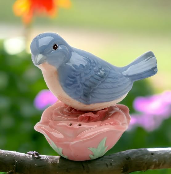 Cosmos Gifts Fine Porcelain Blue Bird on Rose Salt and Pepper Shakers Set 4-1/4" H