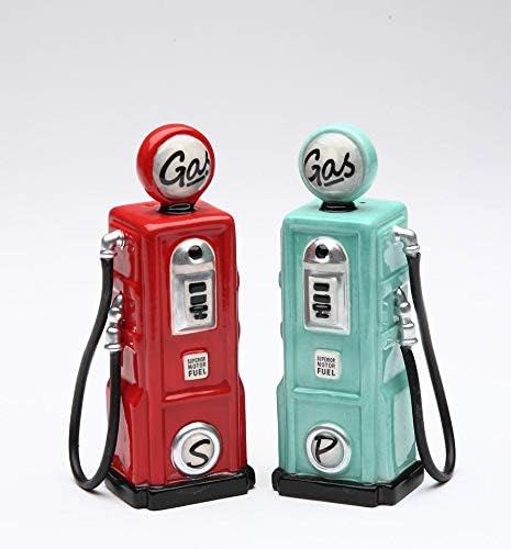 Cosmos Gifts Fine Ceramic Red and Blue Nostalgia Old Fashioned Gas Pump Salt & Pepper Shakers Set 4-1/4" H
