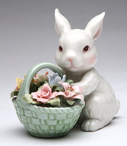 Cosmos Gifts Fine Porcelain White Bunny Rabbit with Rose Flower Basket Figurine 3-5/8" H 10592