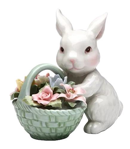 Cosmos Gifts Fine Porcelain White Bunny Rabbit with Rose Flower Basket Figurine 3-5/8" H 10592