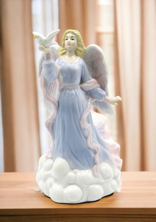 Cosmos Gifts Fine Porcelain Inspirational Peace Angel Holding Dove Music Box Figurine 8" H Blue