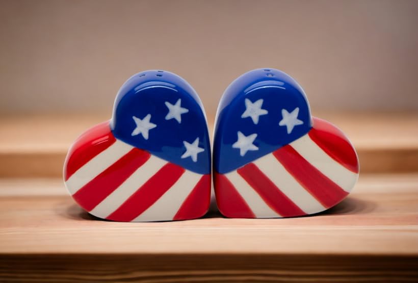 Cosmos Gifts Fine Ceramic Patriotic Heart Shape American Flag Salt and Pepper Shakers 2-1/2" H