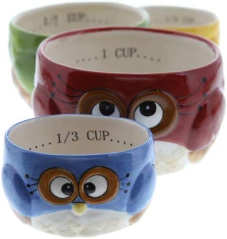 Cosmos Gifts Ceramic Owl Design Measuring Cup Set 4-Pack Red Green Blue Yellow Medium