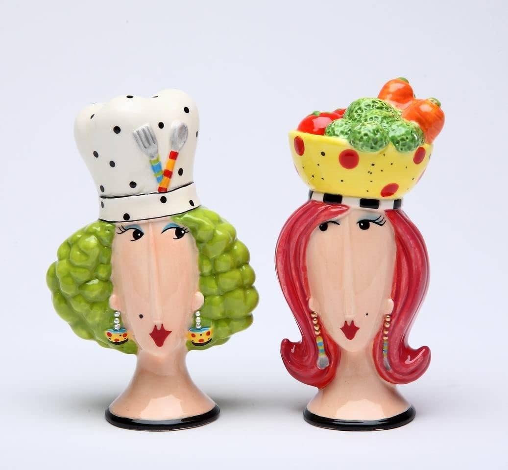 Fine Ceramic Dollymama's Chef Lady Salt & Pepper Shakers Set 4" H