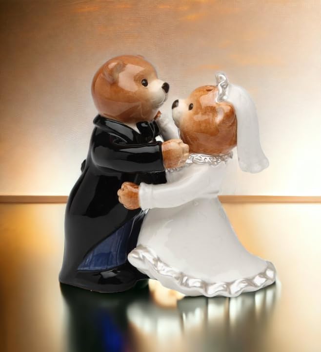 Cosmos Gifts Fine Ceramic Hand Painted First Dance Bride and Groom Teddy Bear Salt and Pepper Shakers Set 3-3/8" H