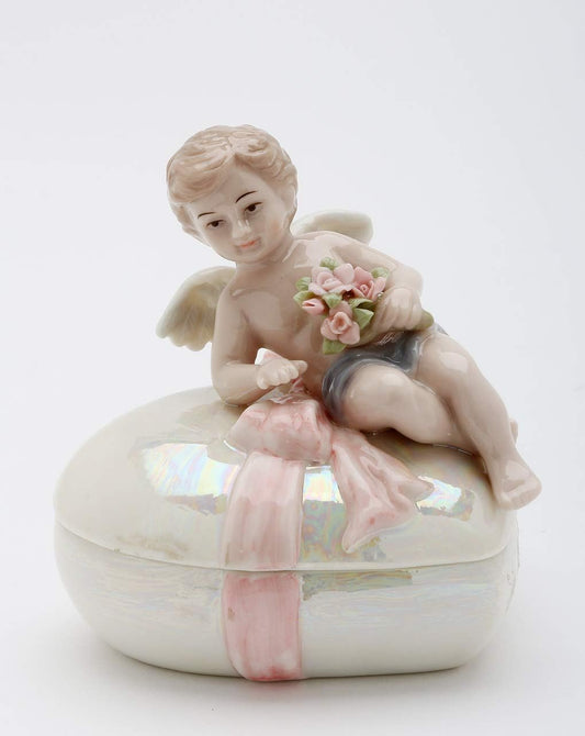 Cosmos Gifts Fine Porcelain Cherub Angel Heart Trinket Keepsake Box 4" H
