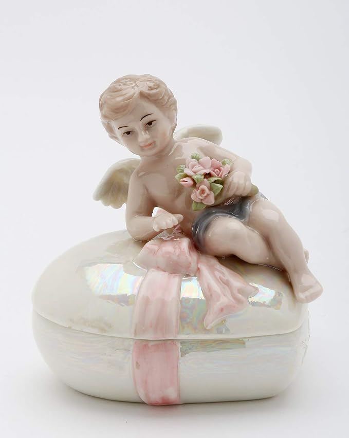 Cosmos Gifts Fine Porcelain Cherub Angel Heart Trinket Keepsake Box 4" H