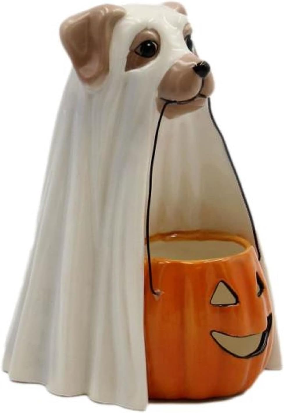 Cosmos Gifts Fine Ceramic Ghost Dog Holding Pumpkin Tealight Holder 6-3/8" H