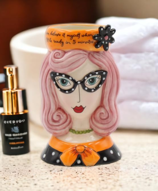 Cosmos Gifts Fine Ceramic Lady Pink Hair Pencil Vase Makeup Brush Holder 5-5/8" H 62609