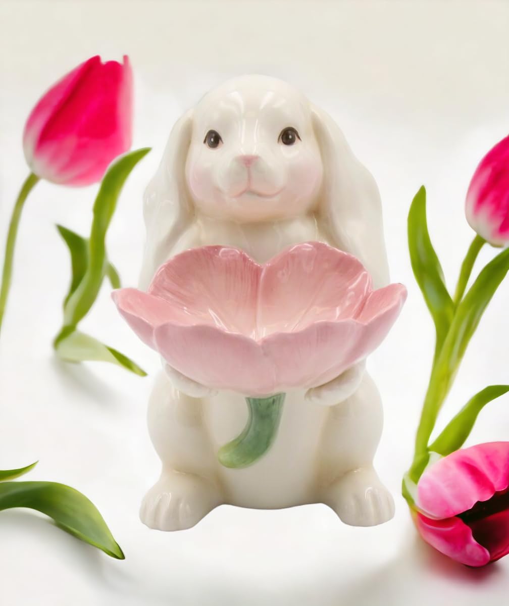 Cosmos Gifts Fine Ceramic Bunny Rabbit Holding Pink Tulip Flowers Candy Candle Plate Figurine, 6-1/4" H