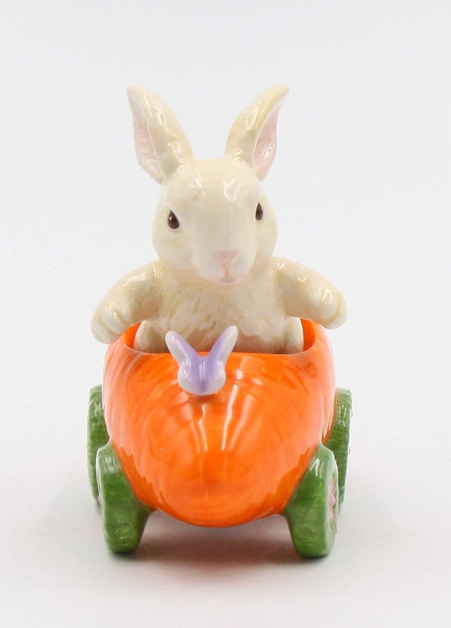 Cosmos Gifts Fine Ceramic Bunny Rabbit on Carrot Cart Salt & Pepper Shakers 4-1/4" L