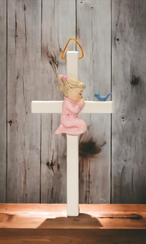 Cosmos Gifts Fine Porcelain Little Girl Praying Hanging Wall Cross 7-7/8" H