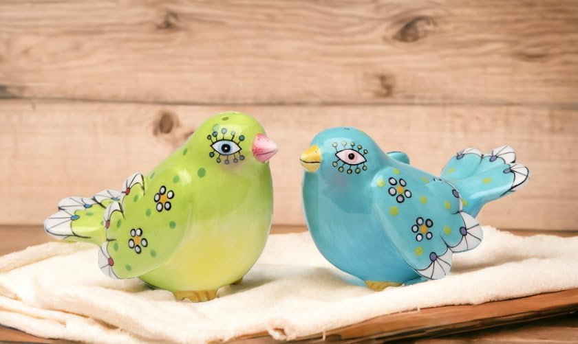 Cosmos Gifts Fine Ceramic Flight of Fancy Hand Painted Blue and Green Love Birds Salt & Pepper Shakers Set 3-3/8" L