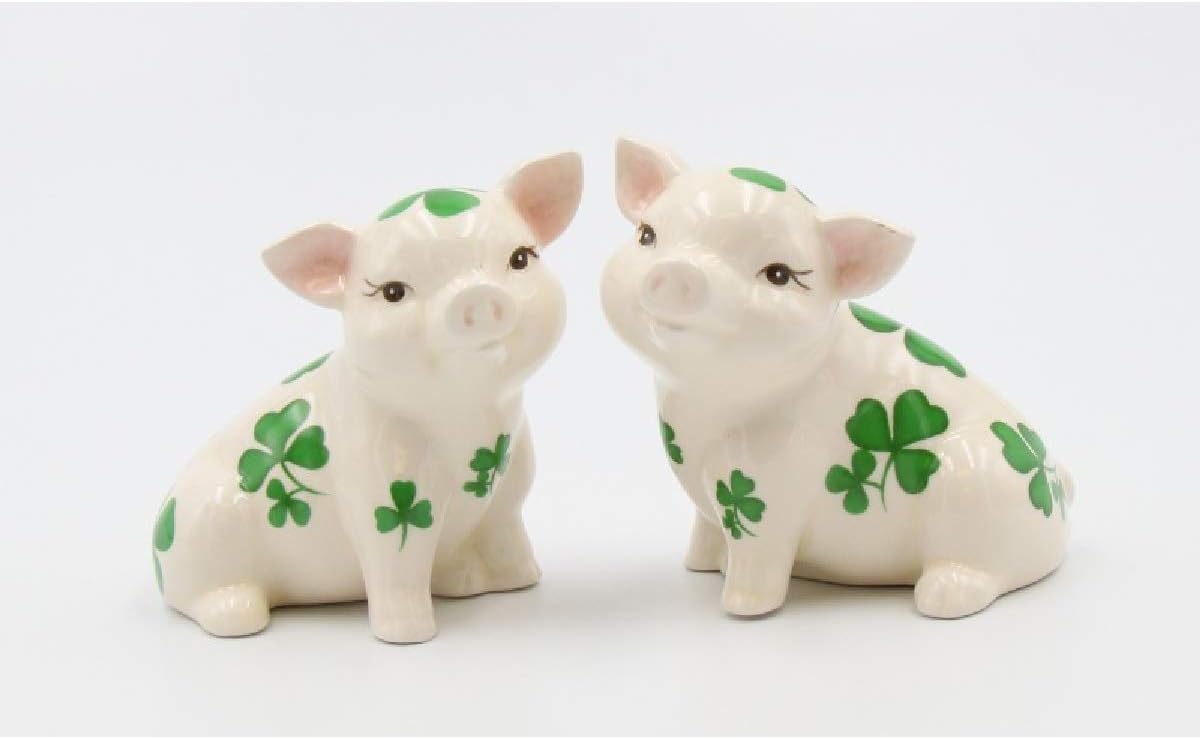 Cosmos Gifts Fine Ceramic Shamrock Pigs Salt and Pepper Shakers Set 3" H Green