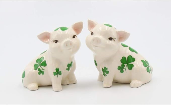 Cosmos Gifts Fine Ceramic Shamrock Pigs Salt and Pepper Shakers Set 3" H Green