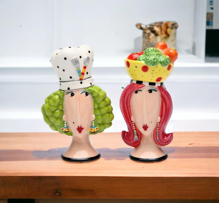 Fine Ceramic Dollymama's Chef Lady Salt & Pepper Shakers Set 4" H