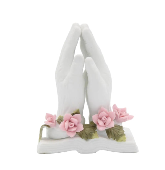 Cosmos Gifts Fine Porcelain Inspirational Praying Hands with Roses on Open Bible Figurine 3-1/2" H