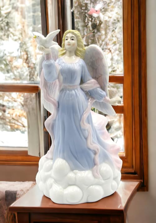 Cosmos Gifts Fine Porcelain Inspirational Peace Angel Holding Dove Music Box Figurine 8" H Blue