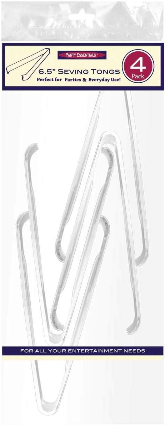 Party Essentials Plastic 6.5" Serving Tongs, 4-Count, Clear