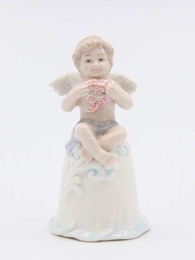 Cosmos Gifts Fine Porcelain Cherub Holding Pink Heart Bell Figurine 4-1/4" H
