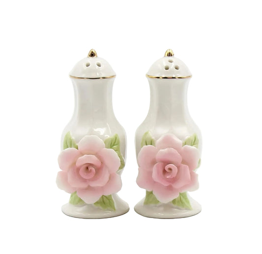 Cosmos Gifts Porcelain Pink Rose Jar with Gold Trim Salt and Pepper Shaker Set 3-1/2" H 21027