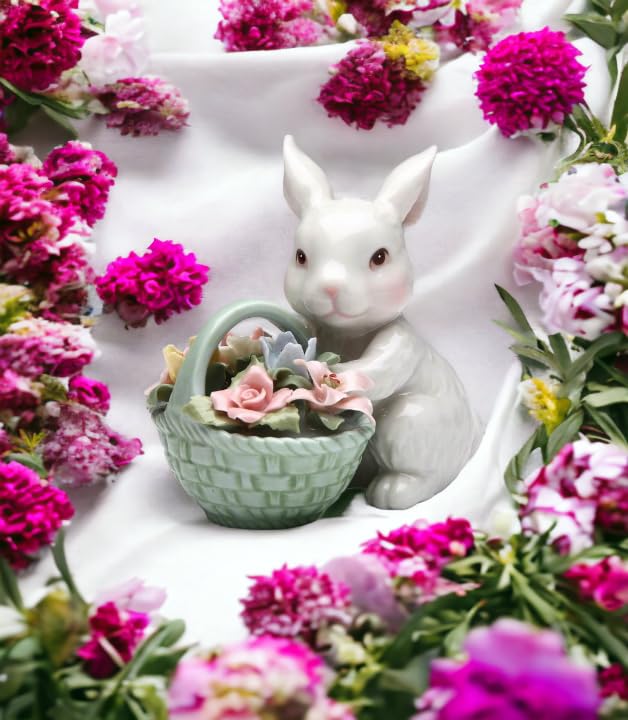 Cosmos Gifts Fine Porcelain White Bunny Rabbit with Rose Flower Basket Figurine 3-5/8" H 10592