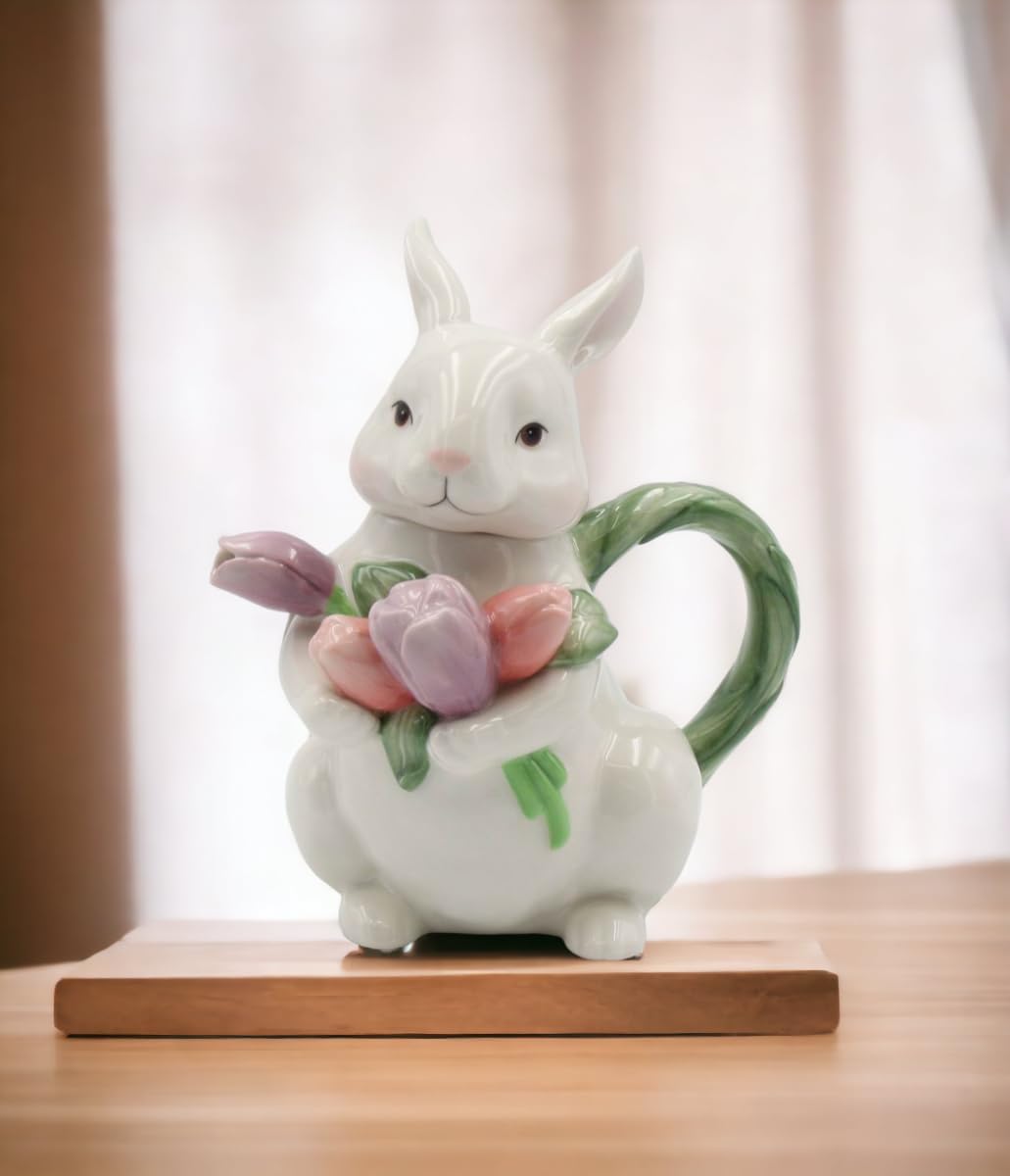 Cosmos Gifts Fine Ceramic Bunny Rabbit with Tulips Flower Teapot 7-1/4" H Green