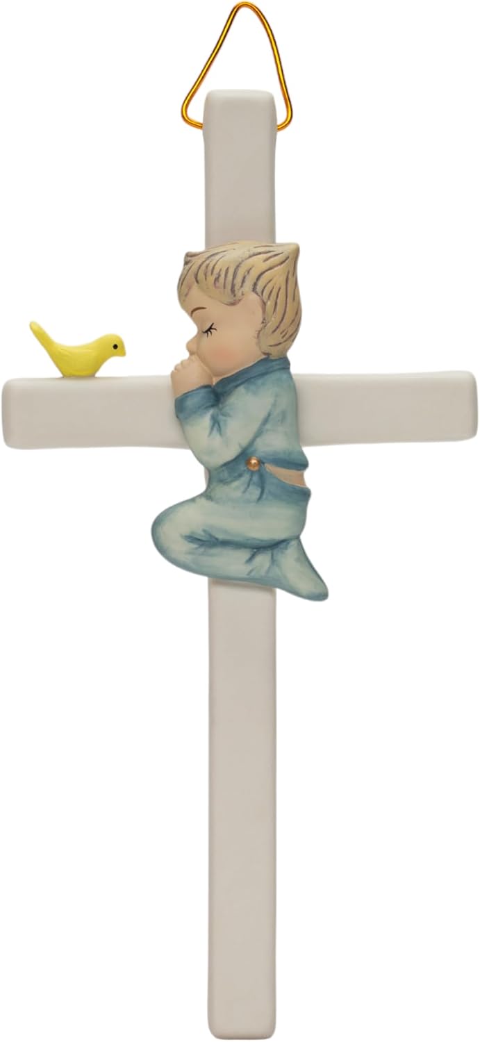 Cosmos Gifts Fine Porcelain Little Boy Praying Hanging Wall Cross 7.87" H Blue