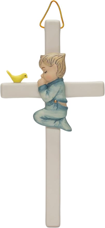 Cosmos Gifts Fine Porcelain Little Boy Praying Hanging Wall Cross 7.87" H Blue