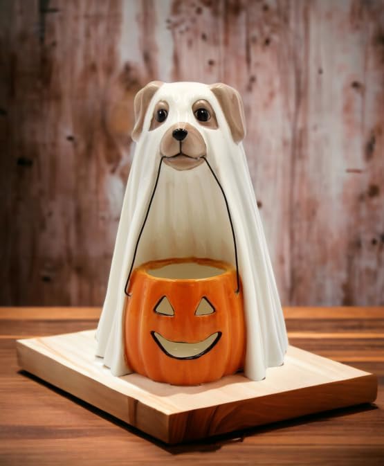 Cosmos Gifts Fine Ceramic Ghost Dog Holding Pumpkin Tealight Holder 6-3/8" H